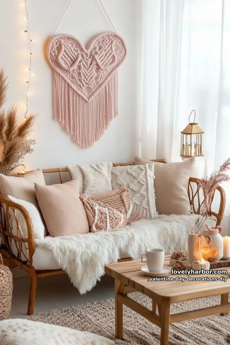boho-inspired macramé heart wall hanging in blush and cream 1