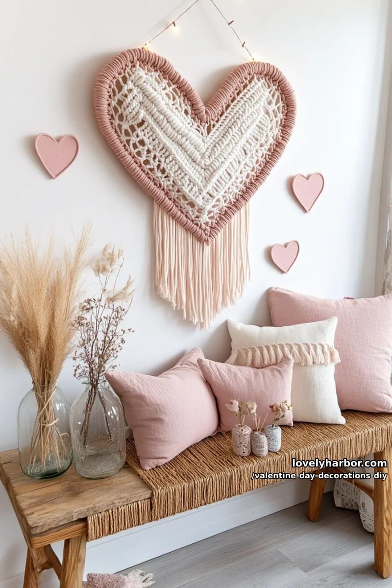 boho-inspired macramé heart wall hanging in blush and cream 1