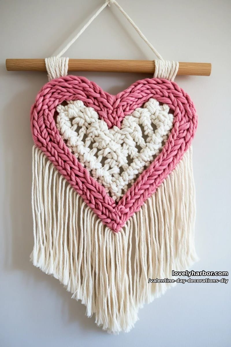 boho-inspired macramé heart wall hanging in blush and cream 1