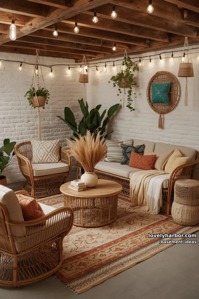 15 Creative Basement Design Ideas with Wow Factor 35 boho lounge area with rattan furniture, layered rugs, and string fairy lights. 1