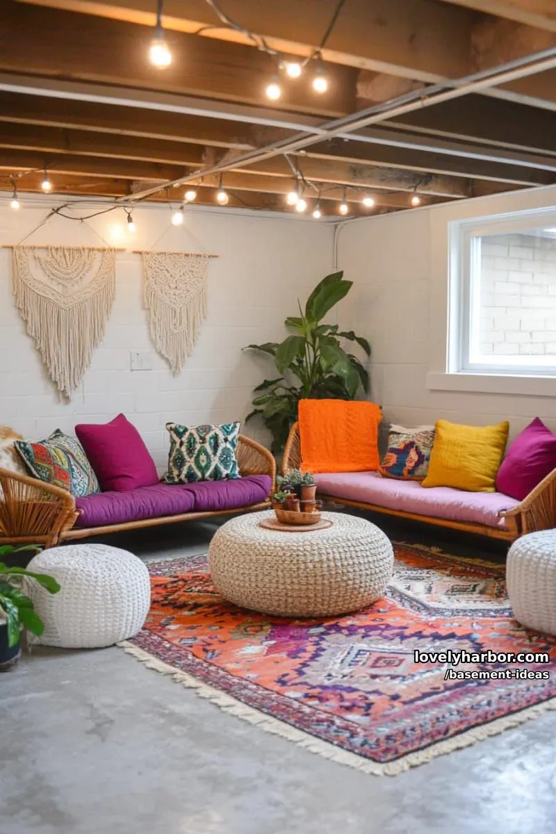15 Creative Basement Design Ideas with Wow Factor 36 boho lounge area with rattan furniture, layered rugs, and string fairy lights. 1