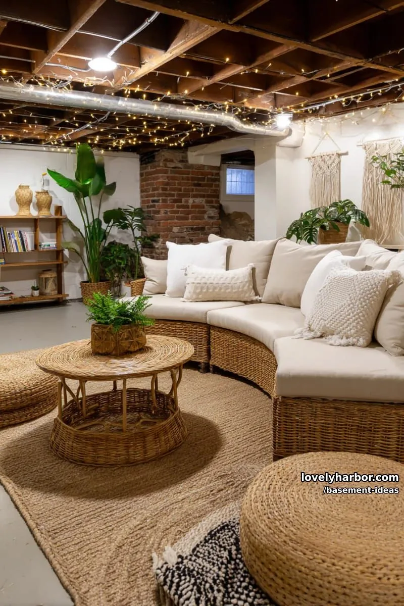 15 Creative Basement Design Ideas with Wow Factor 37 boho lounge area with rattan furniture, layered rugs, and string fairy lights. 1