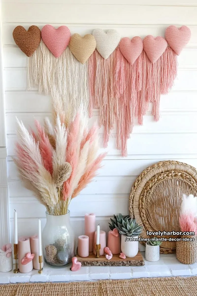 boho pink pampas grass bouquet beside ombré heart paper chains 1