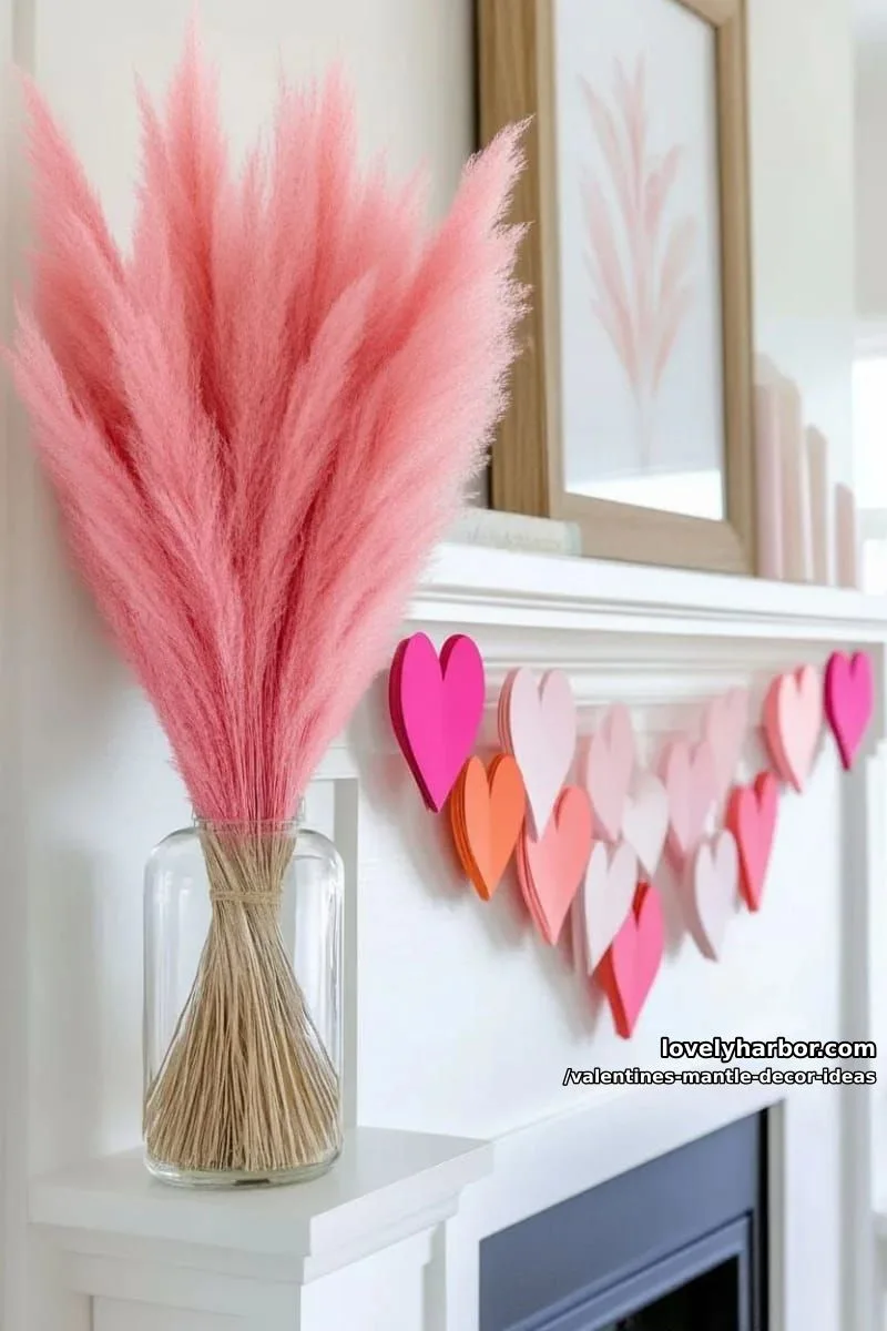boho pink pampas grass bouquet beside ombré heart paper chains 1