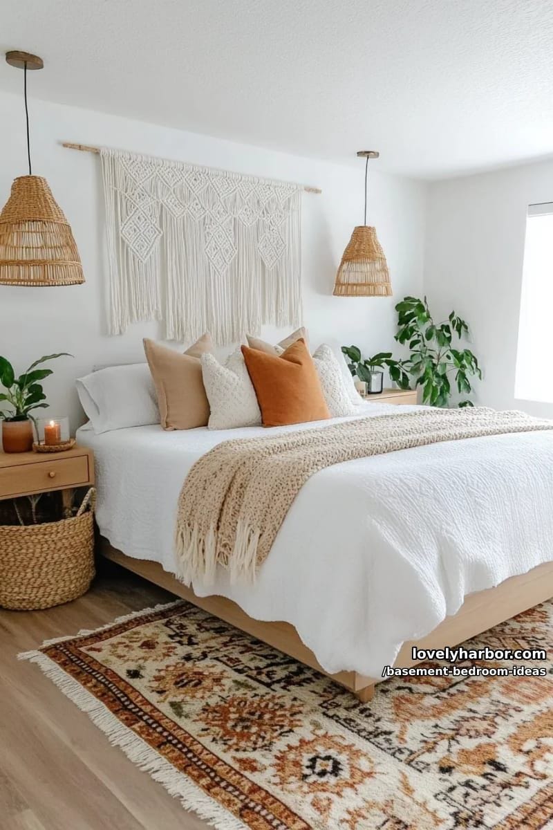 boho retreat with macramé wall hangings, rattan lamps, and patterned kilim rug 1