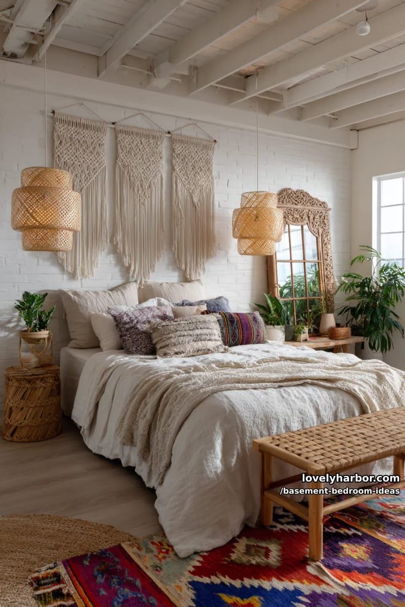boho retreat with macramé wall hangings, rattan lamps, and patterned kilim rug 1
