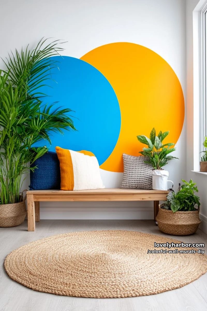 bold color block mural with concentric circles in electric blue and orange 1