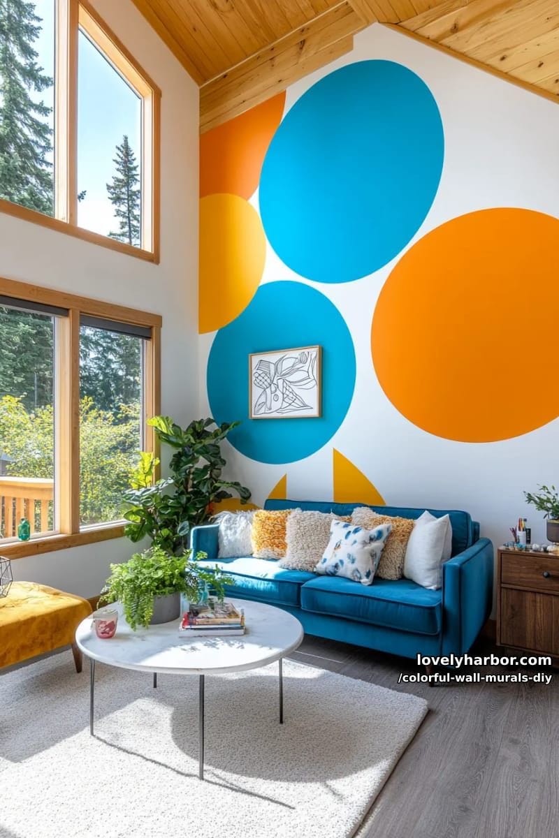 bold color block mural with concentric circles in electric blue and orange 1