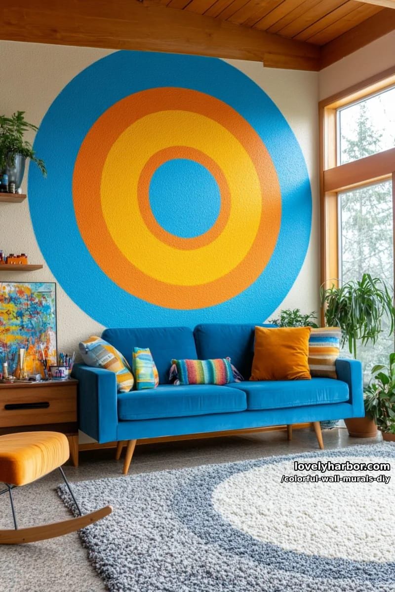 bold color block mural with concentric circles in electric blue and orange 1