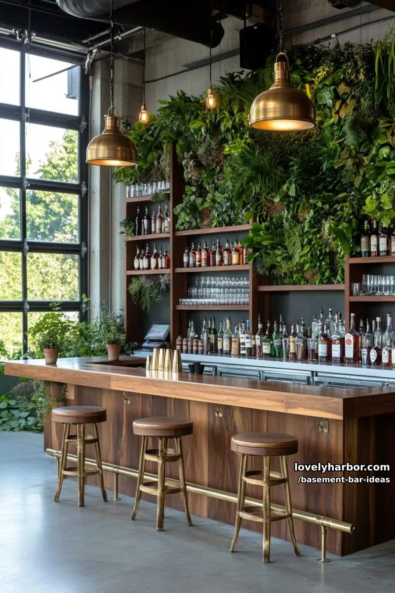 15 Modern Basement Bar Design Ideas for Comfy Entertaining 16 botanical-inspired bar space with living wall planters, natural wood, and brass finishes 1