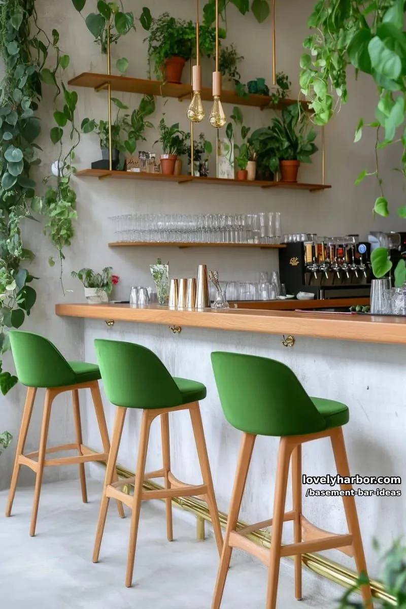 15 Modern Basement Bar Design Ideas for Comfy Entertaining 17 botanical-inspired bar space with living wall planters, natural wood, and brass finishes 1