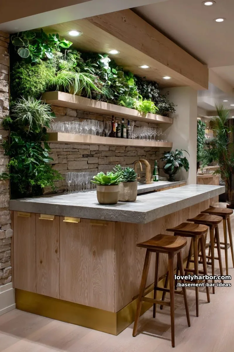 15 Modern Basement Bar Design Ideas for Comfy Entertaining 18 botanical-inspired bar space with living wall planters, natural wood, and brass finishes 1