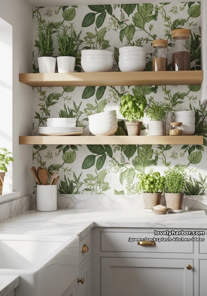botanical print wallpaper backsplash framed by floating wooden shelves. 1