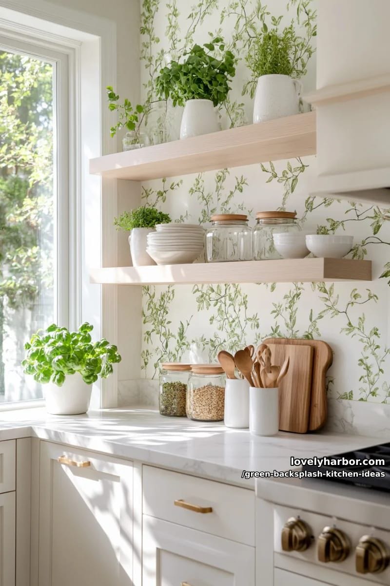 botanical print wallpaper backsplash framed by floating wooden shelves. 1