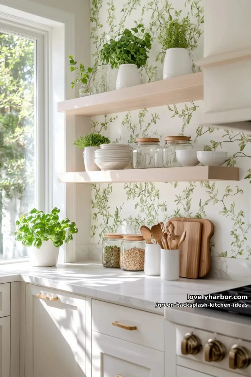 15 Green Backsplash Ideas for Modern Kitchens 11 botanical print wallpaper backsplash framed by floating wooden shelves. 1