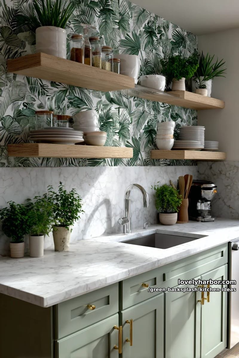 botanical print wallpaper backsplash framed by floating wooden shelves. 1