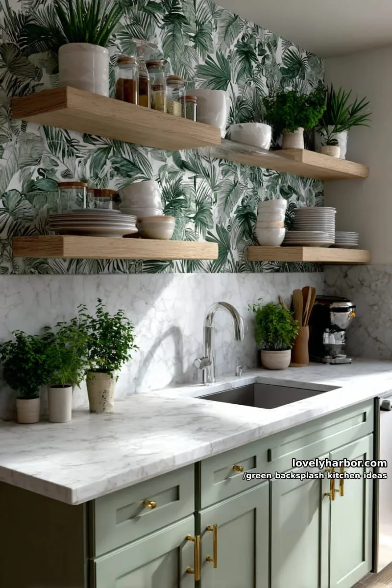 15 Green Backsplash Ideas for Modern Kitchens 12 botanical print wallpaper backsplash framed by floating wooden shelves. 1