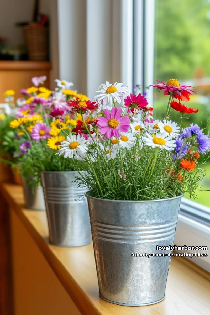 brighten windowsills with galvanized metal buckets overflowing with wildflowers. 1