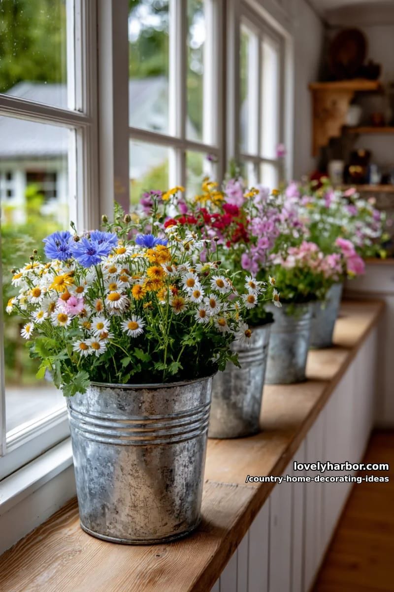brighten windowsills with galvanized metal buckets overflowing with wildflowers. 1