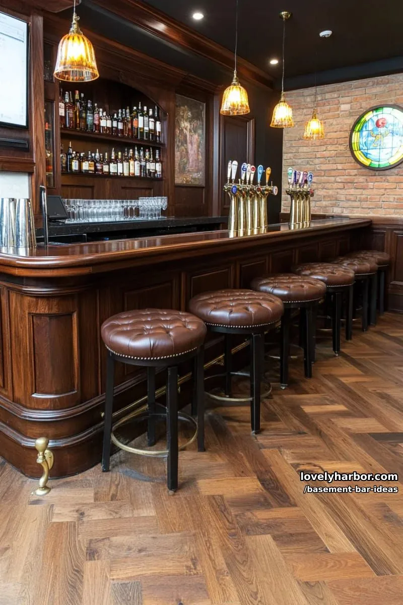 15 Modern Basement Bar Design Ideas for Comfy Entertaining 26 british pub-style bar with dark wood paneling, vintage beer taps, and tufted leather benches 1