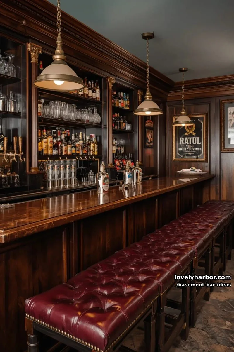 15 Modern Basement Bar Design Ideas for Comfy Entertaining 27 british pub-style bar with dark wood paneling, vintage beer taps, and tufted leather benches 1
