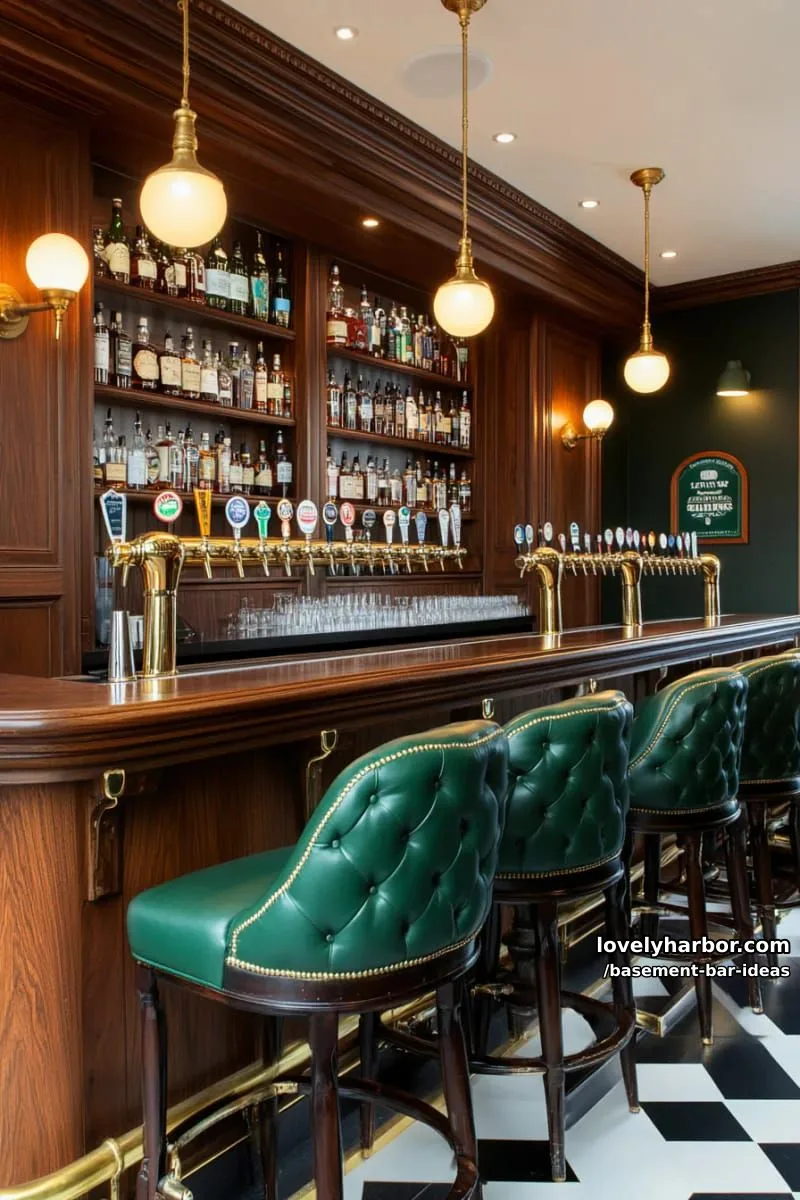 15 Modern Basement Bar Design Ideas for Comfy Entertaining 28 british pub-style bar with dark wood paneling, vintage beer taps, and tufted leather benches 1