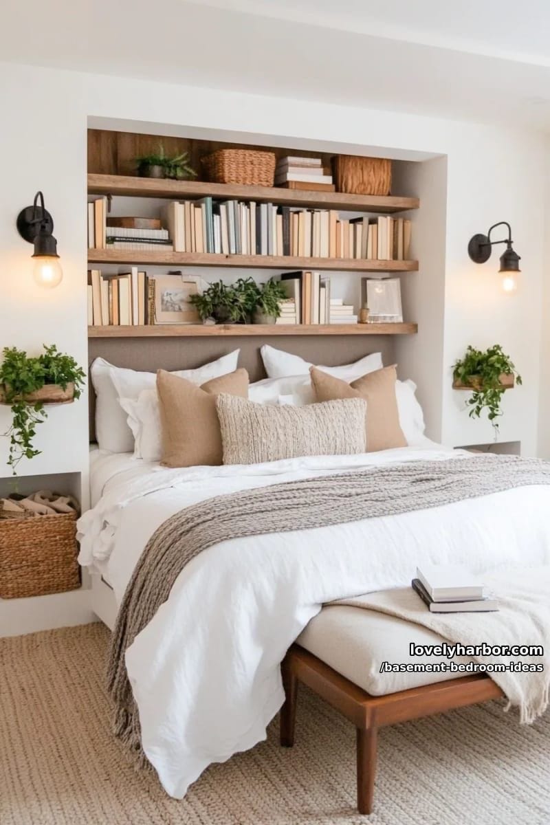 built-in bookcase headboard flanked by cozy reading sconces and storage benches 1