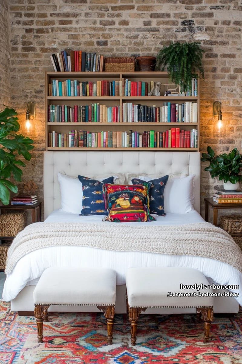 built-in bookcase headboard flanked by cozy reading sconces and storage benches 1