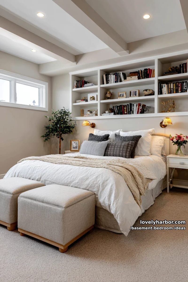 built-in bookcase headboard flanked by cozy reading sconces and storage benches 1