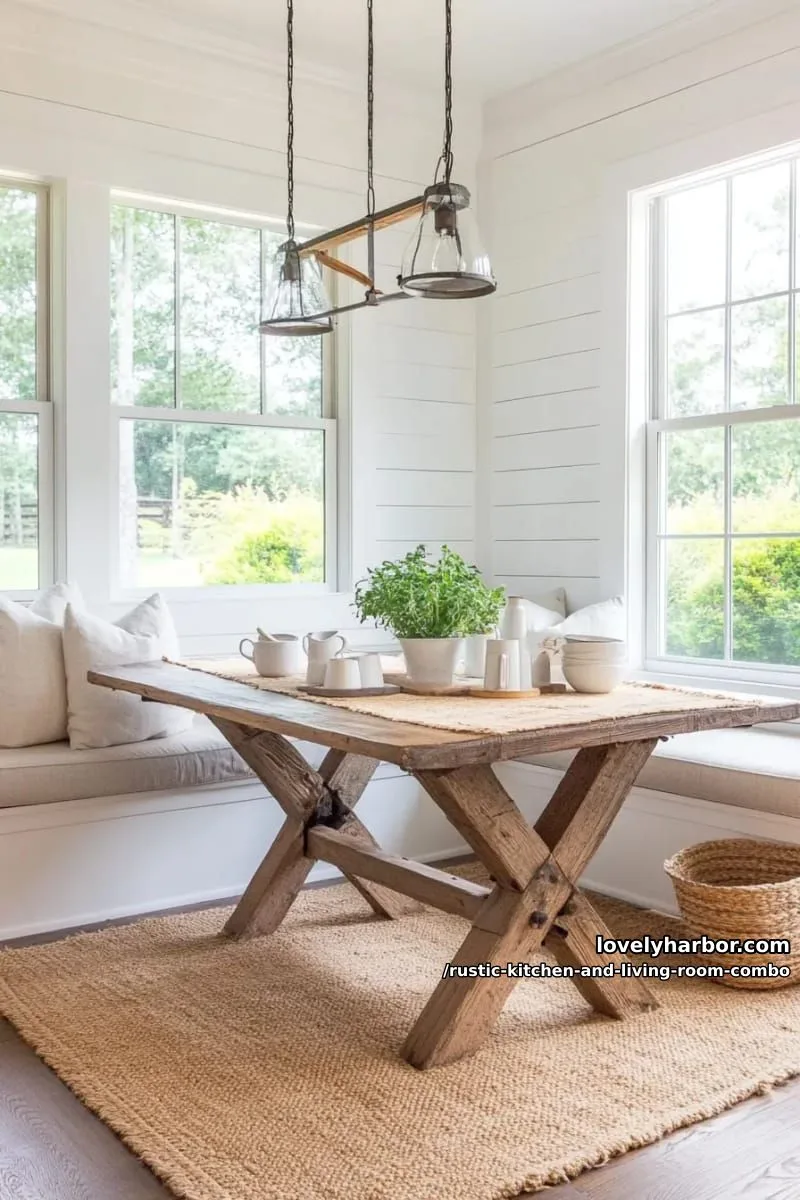 built-in breakfast nook with shiplap walls and layered jute rugs 1