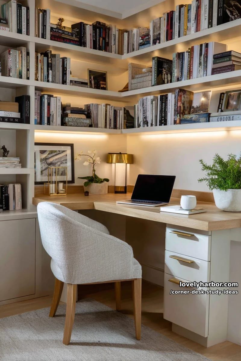 built-in corner desk surrounded by custom bookshelves and warm lighting 1