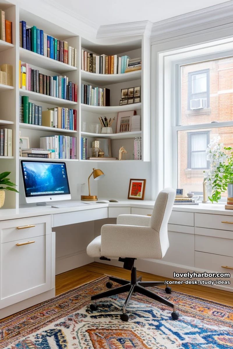 built-in corner desk surrounded by custom bookshelves and warm lighting 1