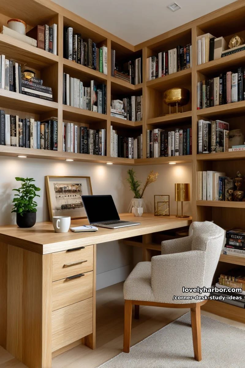 built-in corner desk surrounded by custom bookshelves and warm lighting 1