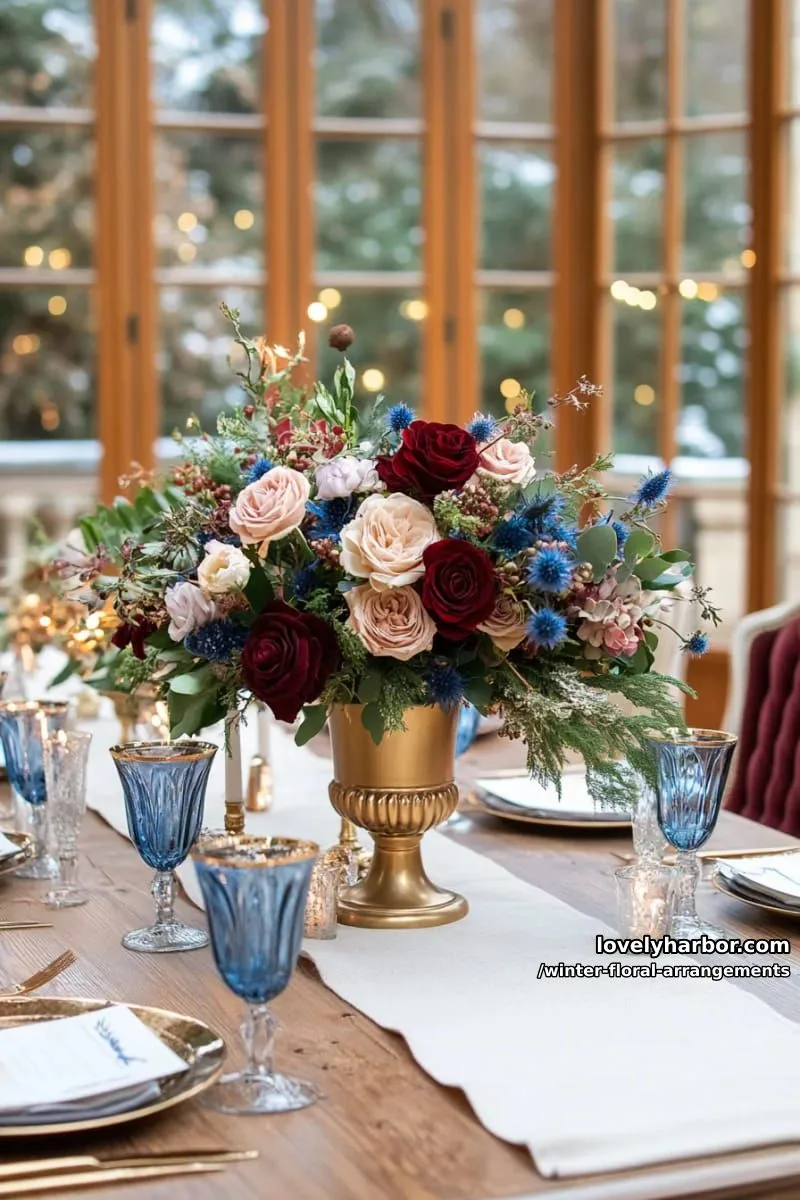 burgundy ranunculus and blush roses with dried thistle and pine 1
