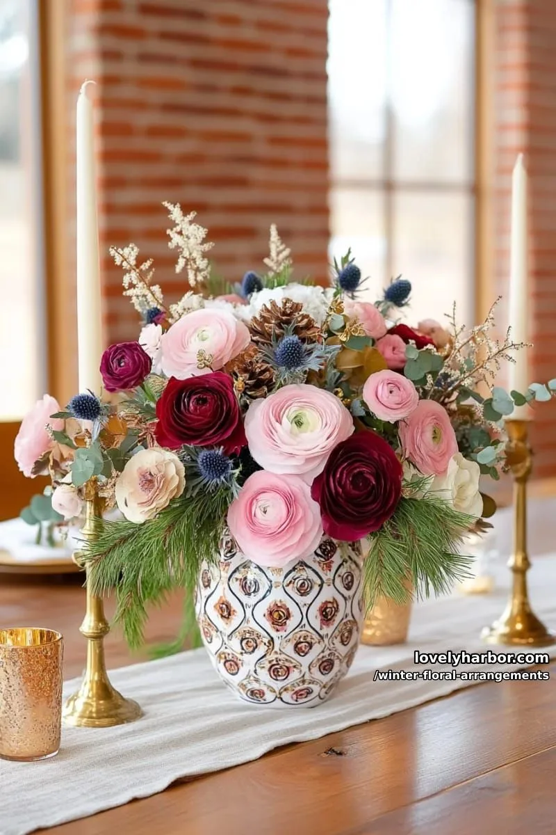 burgundy ranunculus and blush roses with dried thistle and pine 1