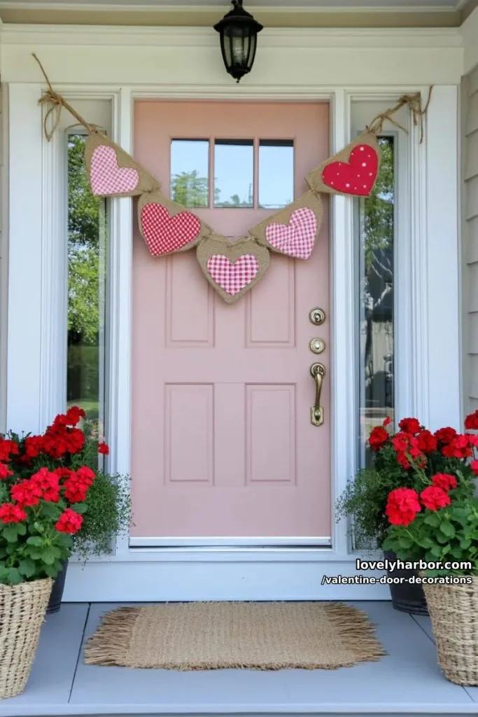 burlap heart banner with gingham patchwork and twine bows 6