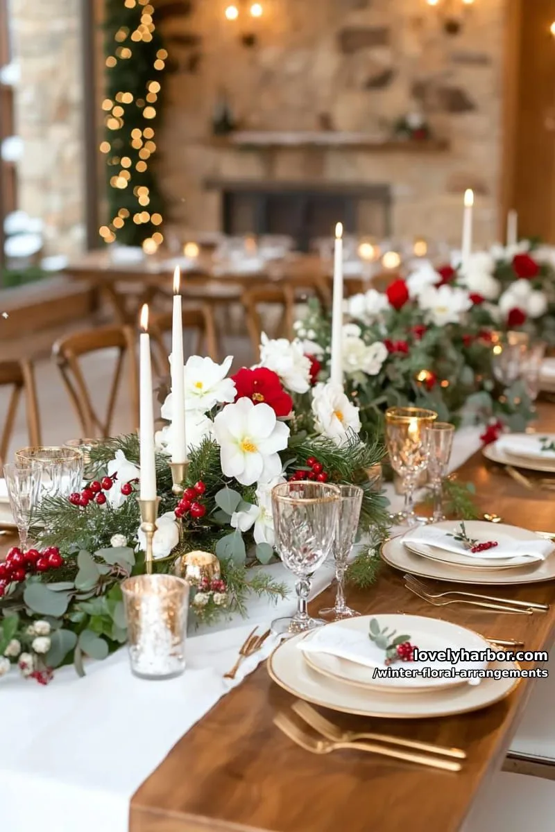 candlelit tablescape using mini bouquets of amaryllis and red berries 1