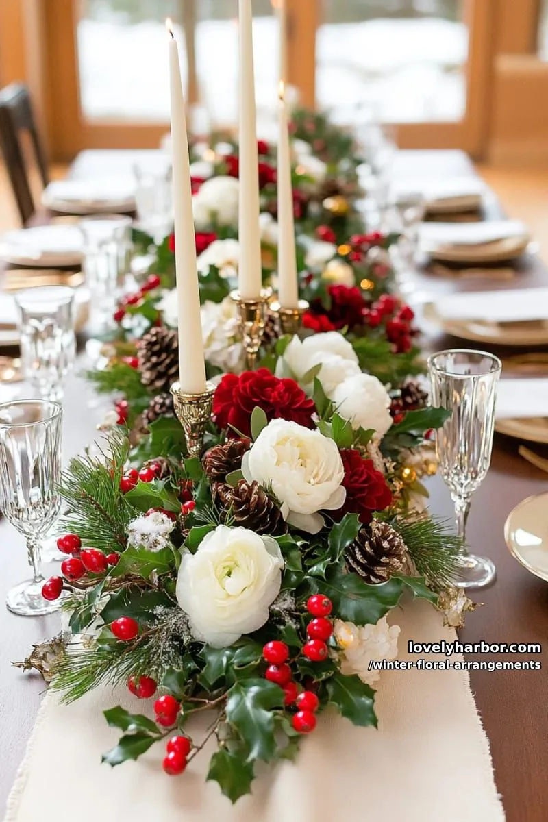candlelit tablescape using mini bouquets of amaryllis and red berries 1