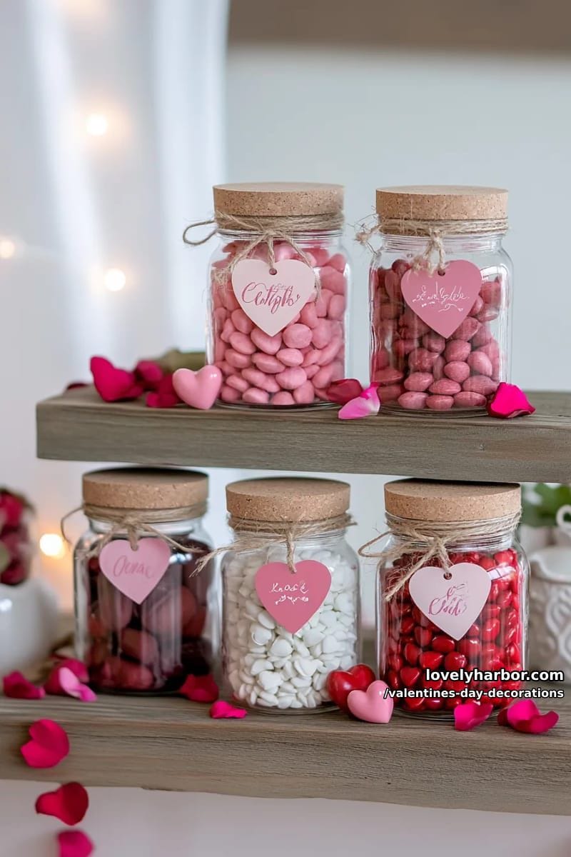 candy-filled jars with heart-shaped tags on shelves 1