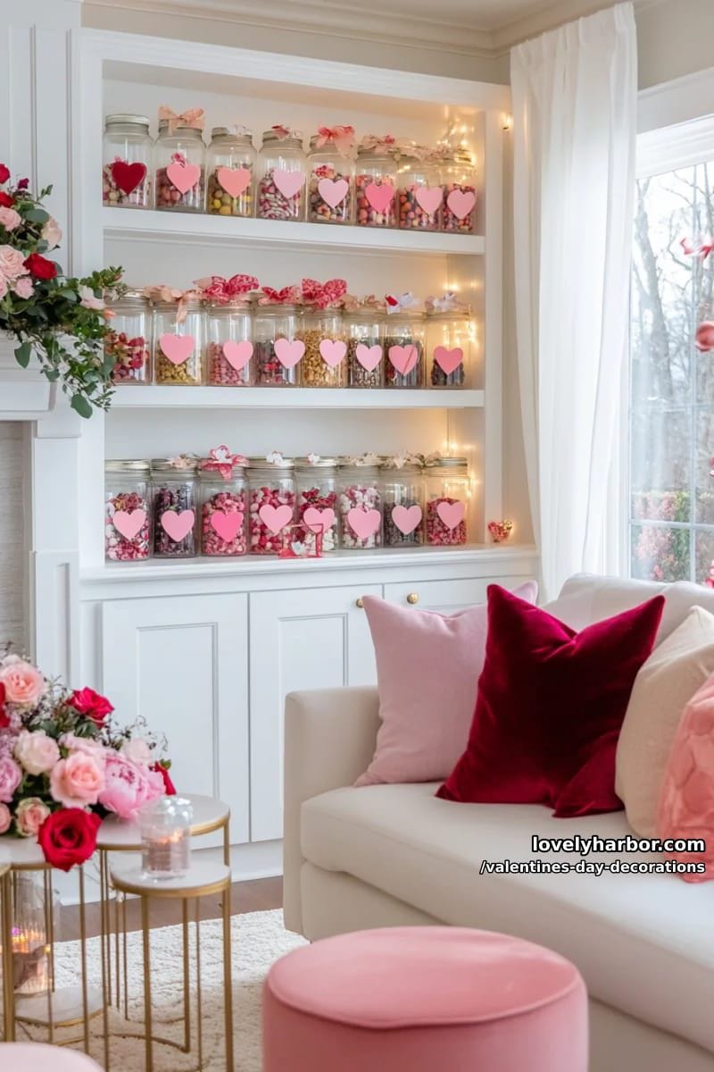 candy-filled jars with heart-shaped tags on shelves 1