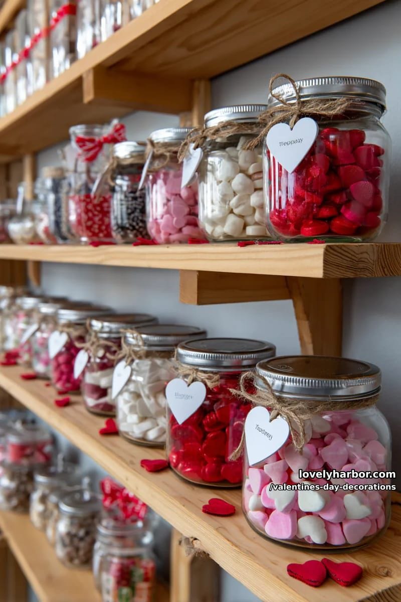 candy-filled jars with heart-shaped tags on shelves 1