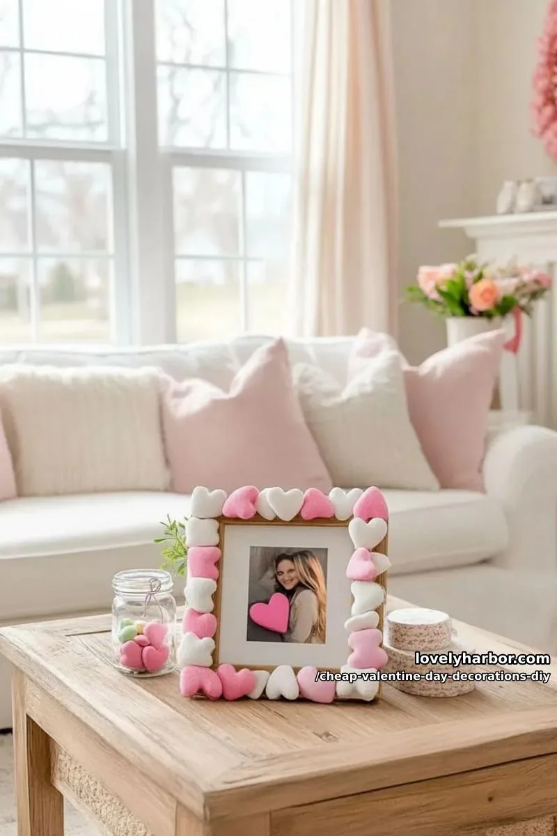 candy heart photo frame using glued conversation hearts on thrifted frames 1