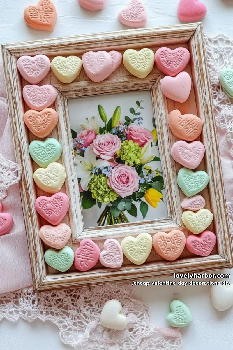 candy heart photo frame using glued conversation hearts on thrifted frames 1