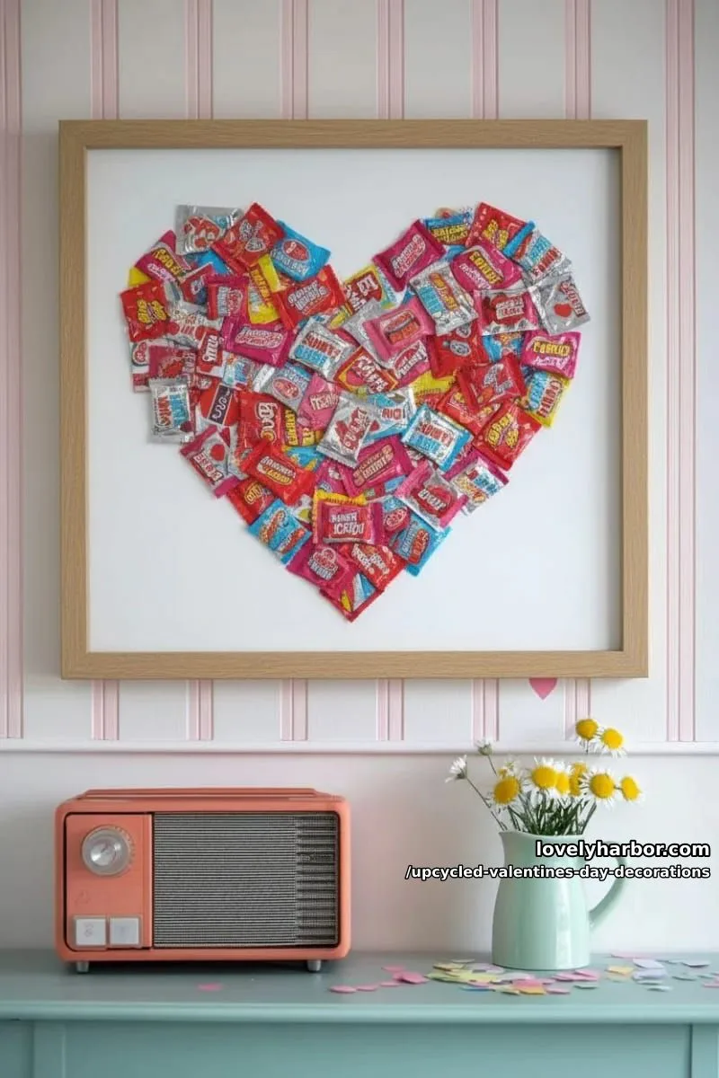 candy wrapper heart collage framed for a playful retro wall accent 1