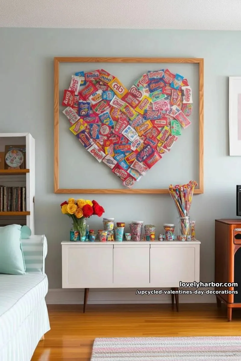 candy wrapper heart collage framed for a playful retro wall accent 1