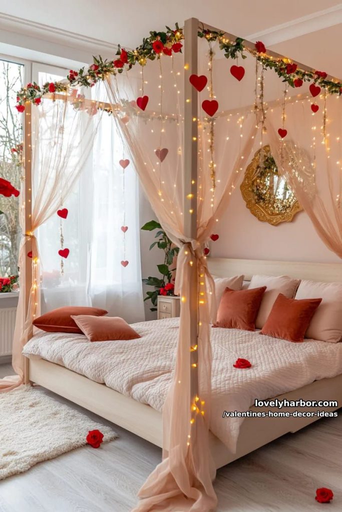 canopy bed draped in twinkle lights and red garlands for a dreamy nook 12