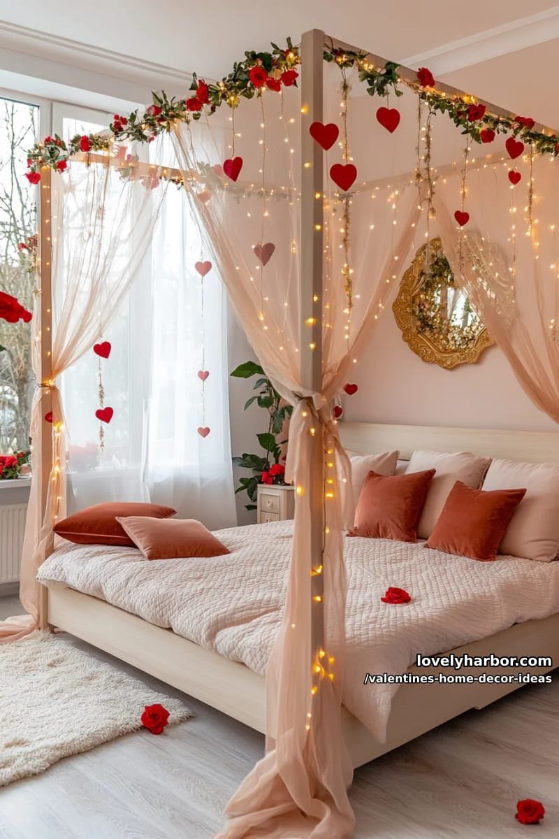 canopy bed draped in twinkle lights and red garlands for a dreamy nook 1