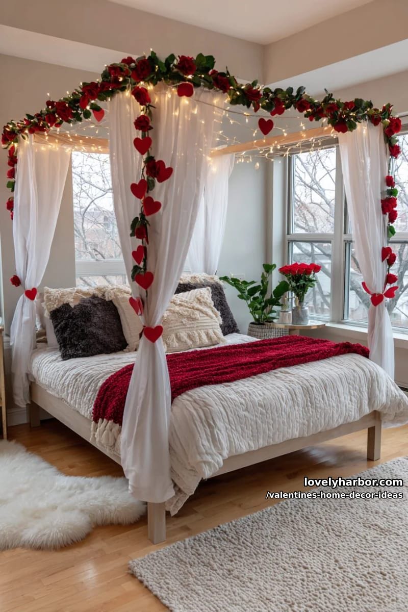 canopy bed draped in twinkle lights and red garlands for a dreamy nook 1