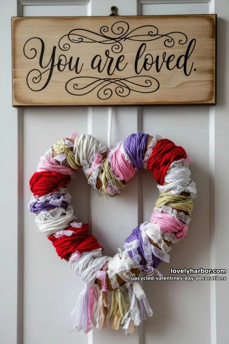 cardboard heart wreath wrapped in colorful yarn and lace ribbon scraps 1