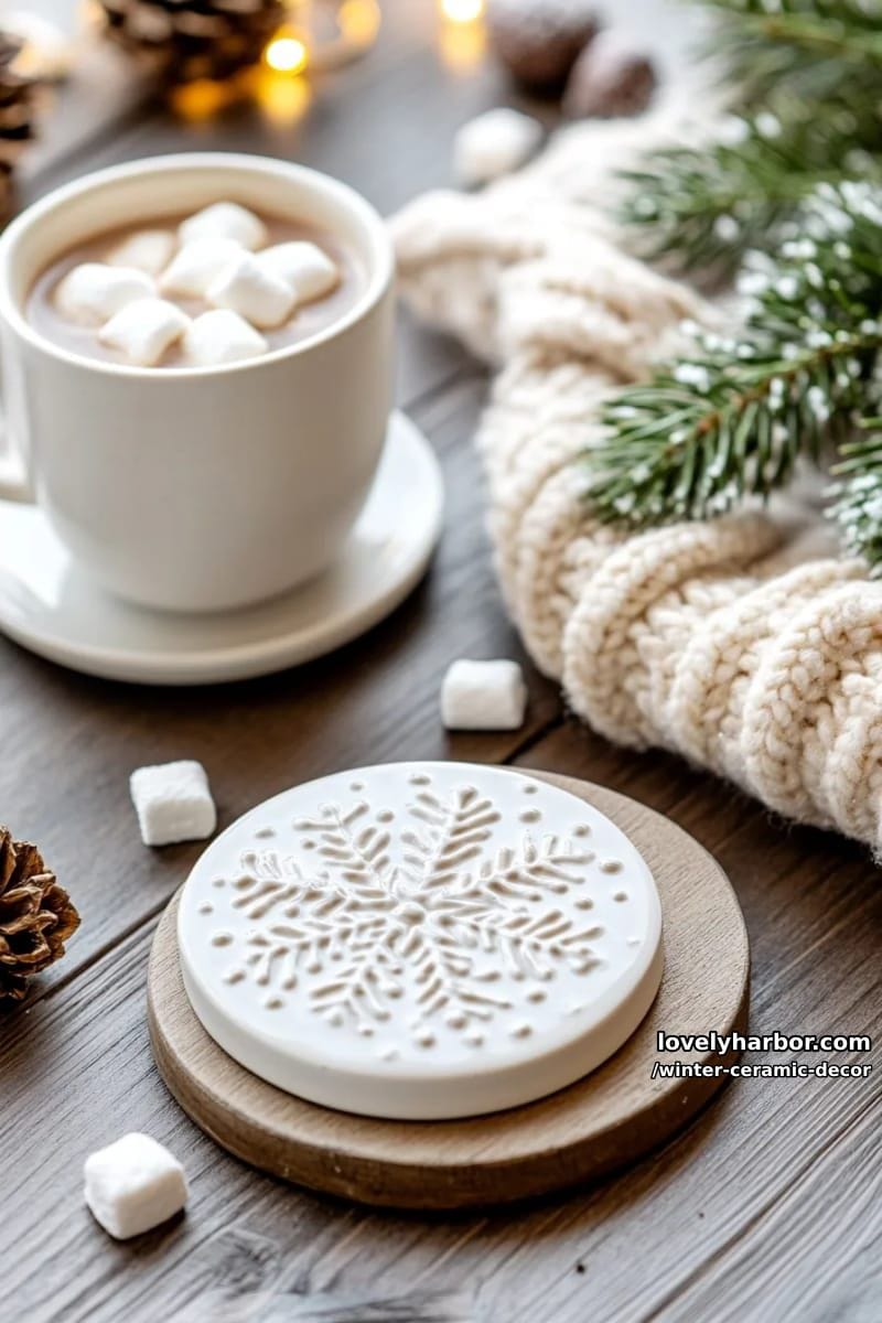 ceramic tile coasters with snowflake embossing and shimmering glaze 1